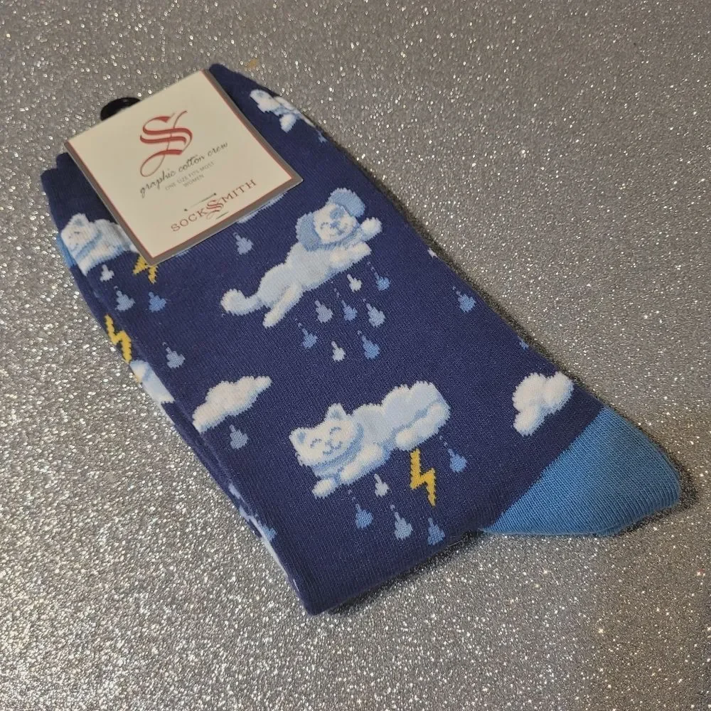 Socksmith Raining Cats And Dogs Graphic Cotton Crew Socks Womens OSFM New